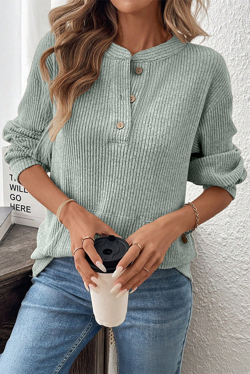 Ribbed Button Placket Banded Collar Drop Shoulder Henley Top